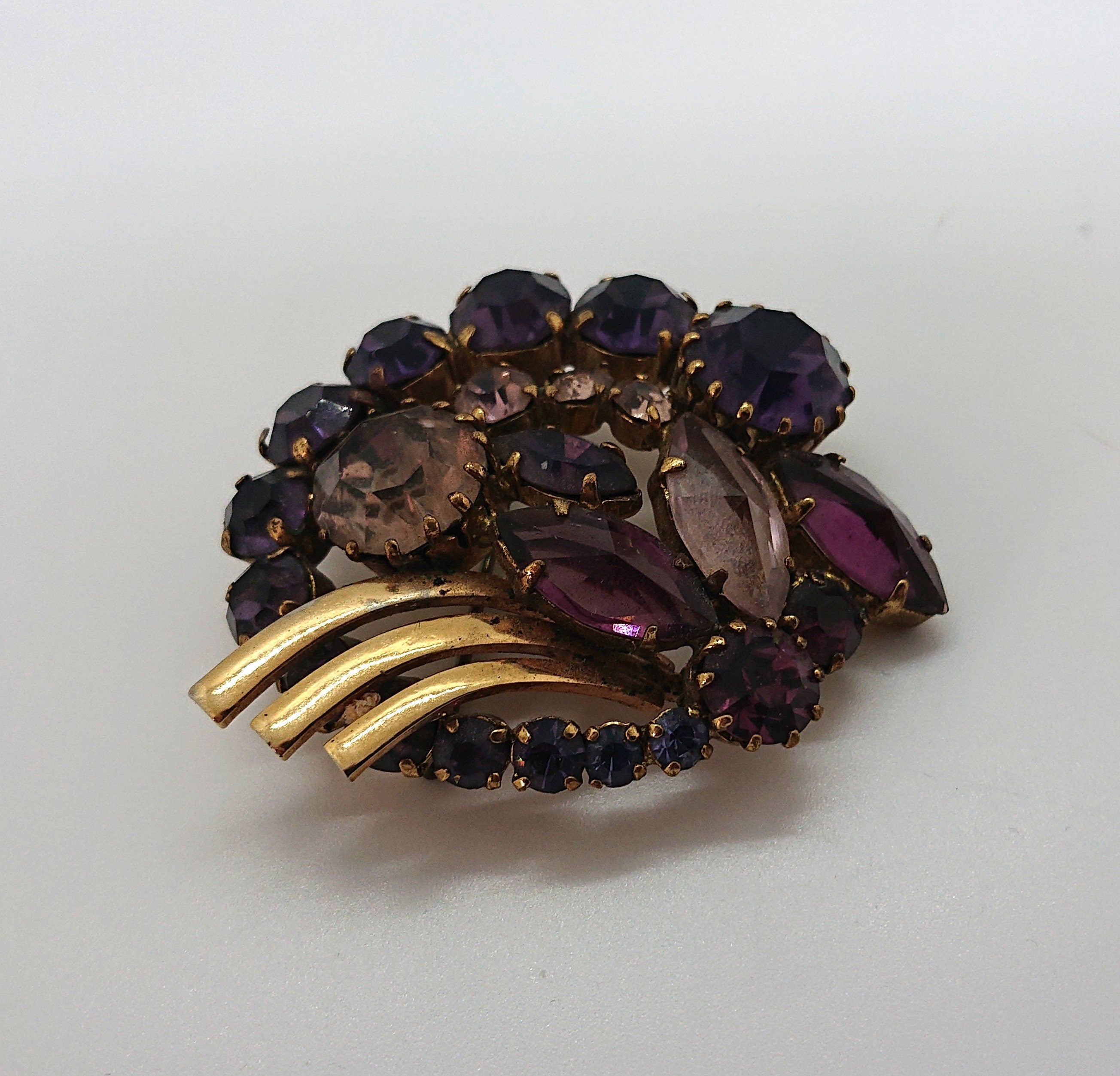 Vintage Mid Century Diamante Brooch, Faux Amethyst & Rose Quartz