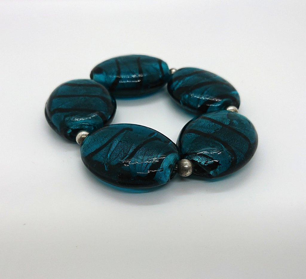 Vintage Glass Beaded Bangle Foil Glass Turquoise Green Costume Jewellery Jewelry