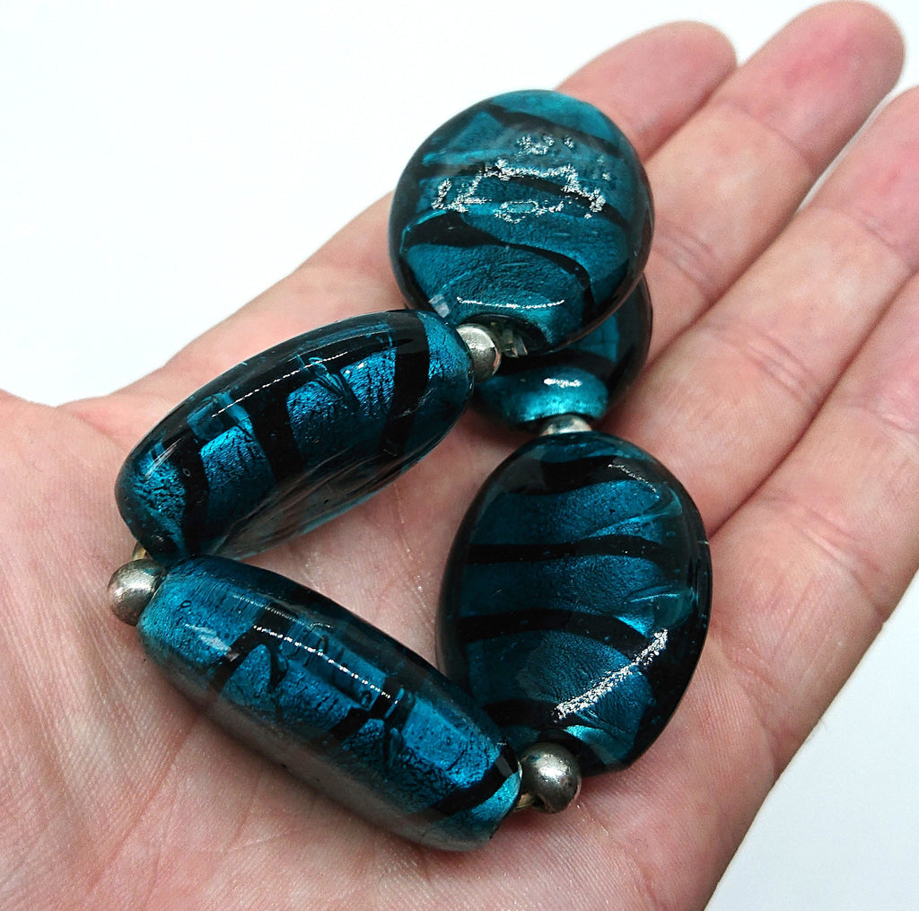 Vintage Glass Beaded Bangle Foil Glass Turquoise Green Costume Jewellery Jewelry