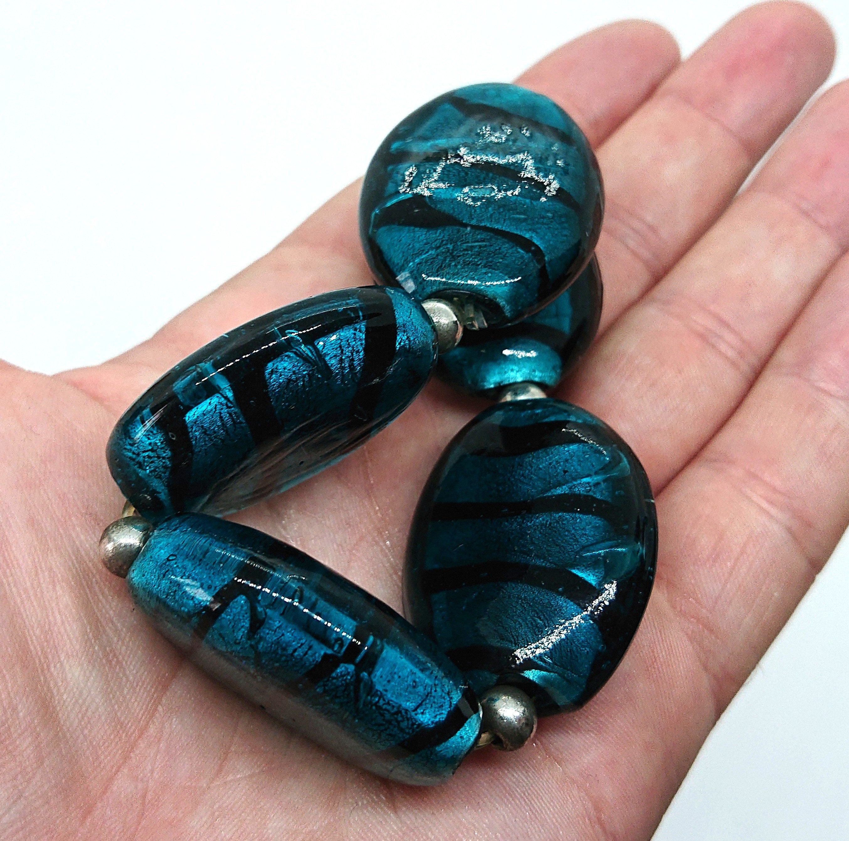 Vintage Glass Beaded Bangle Foil Glass Turquoise Green Costume Jewellery Jewelry