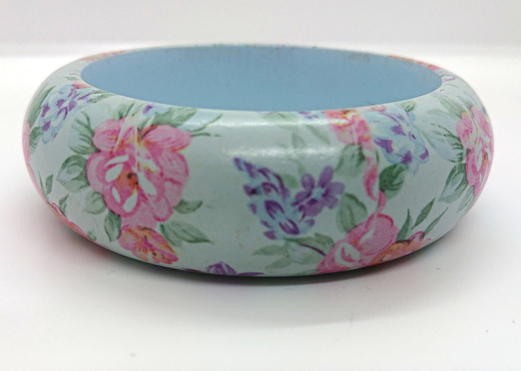 Vintage Wooden Floral Bangle Blue and Pink Pastel Bracelet Costume Jewellery Jewelry