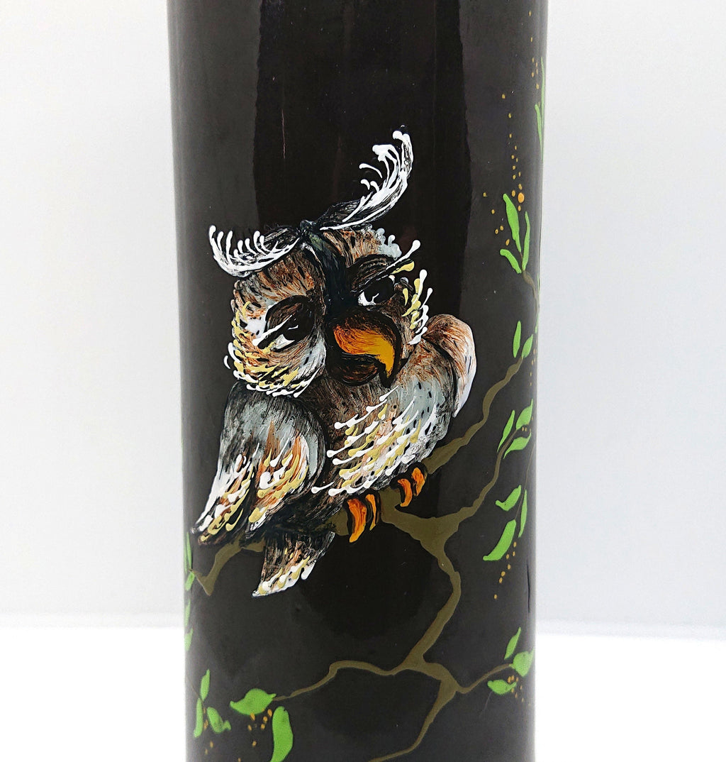 Vintage Brandy Bottle Decanter Ceramic Stoneware Hand Painted Owl Bottle Brown