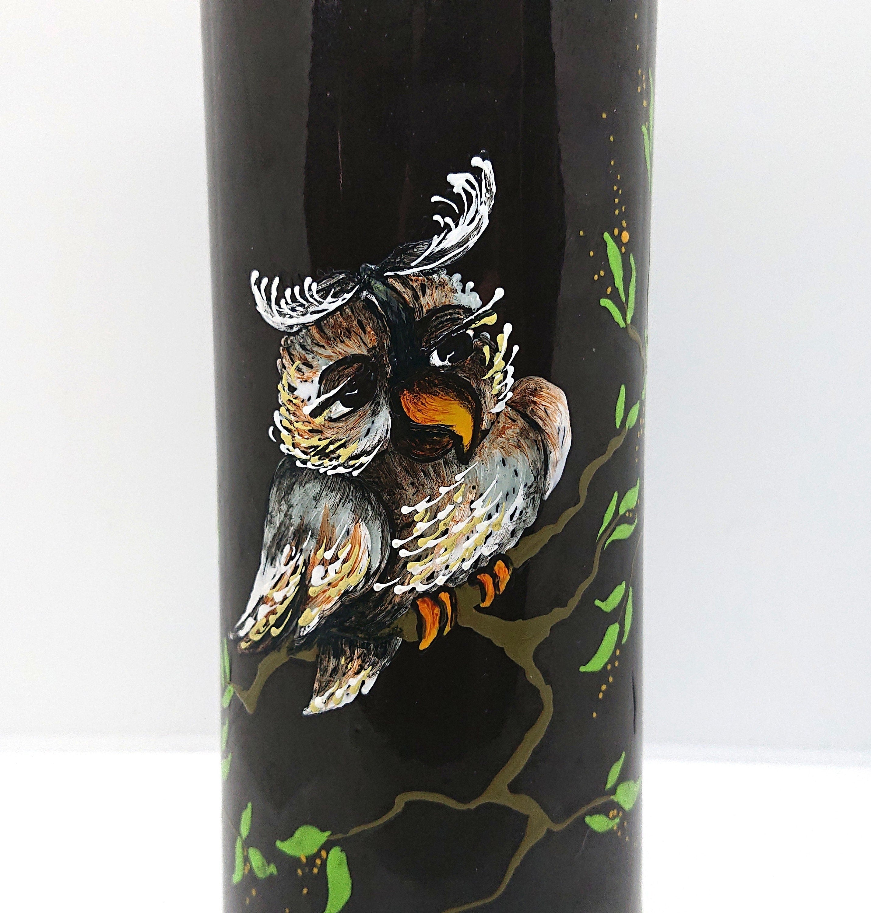 Vintage Brandy Bottle Decanter Ceramic Stoneware Hand Painted Owl Bottle Brown