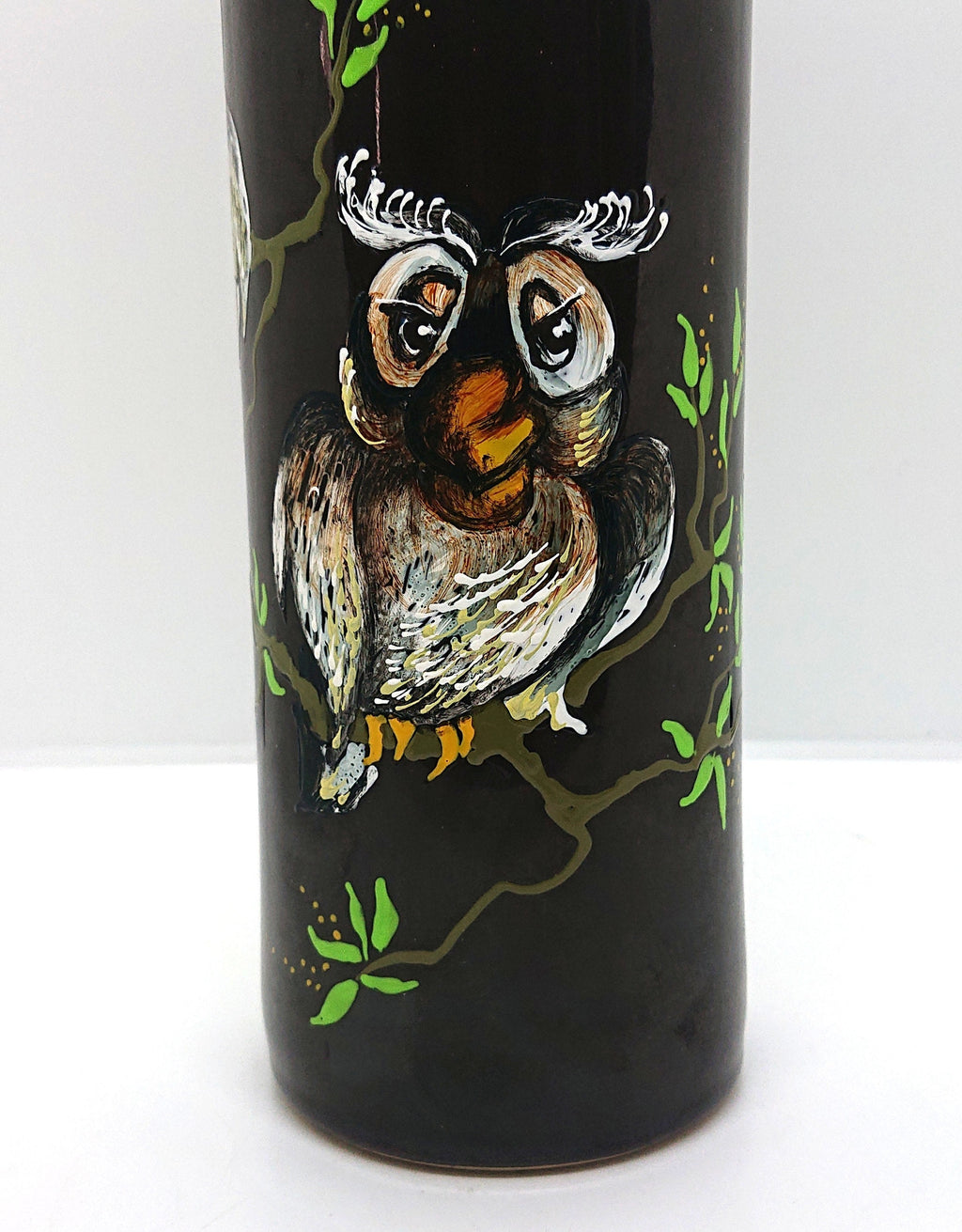 Vintage Brandy Bottle Decanter Ceramic Stoneware Hand Painted Owl Bottle Brown