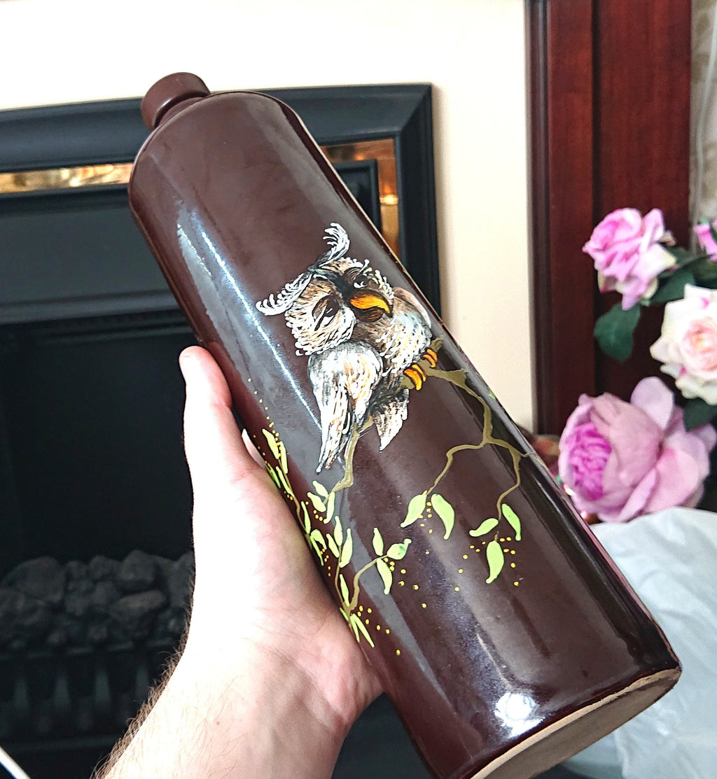 Vintage Brandy Bottle Decanter Ceramic Stoneware Hand Painted Owl Bottle Brown