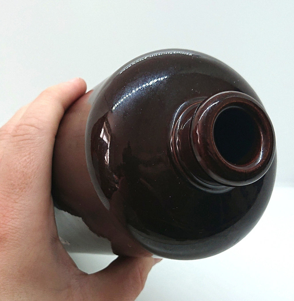 Vintage Brandy Bottle Decanter Ceramic Stoneware Hand Painted Owl Bottle Brown