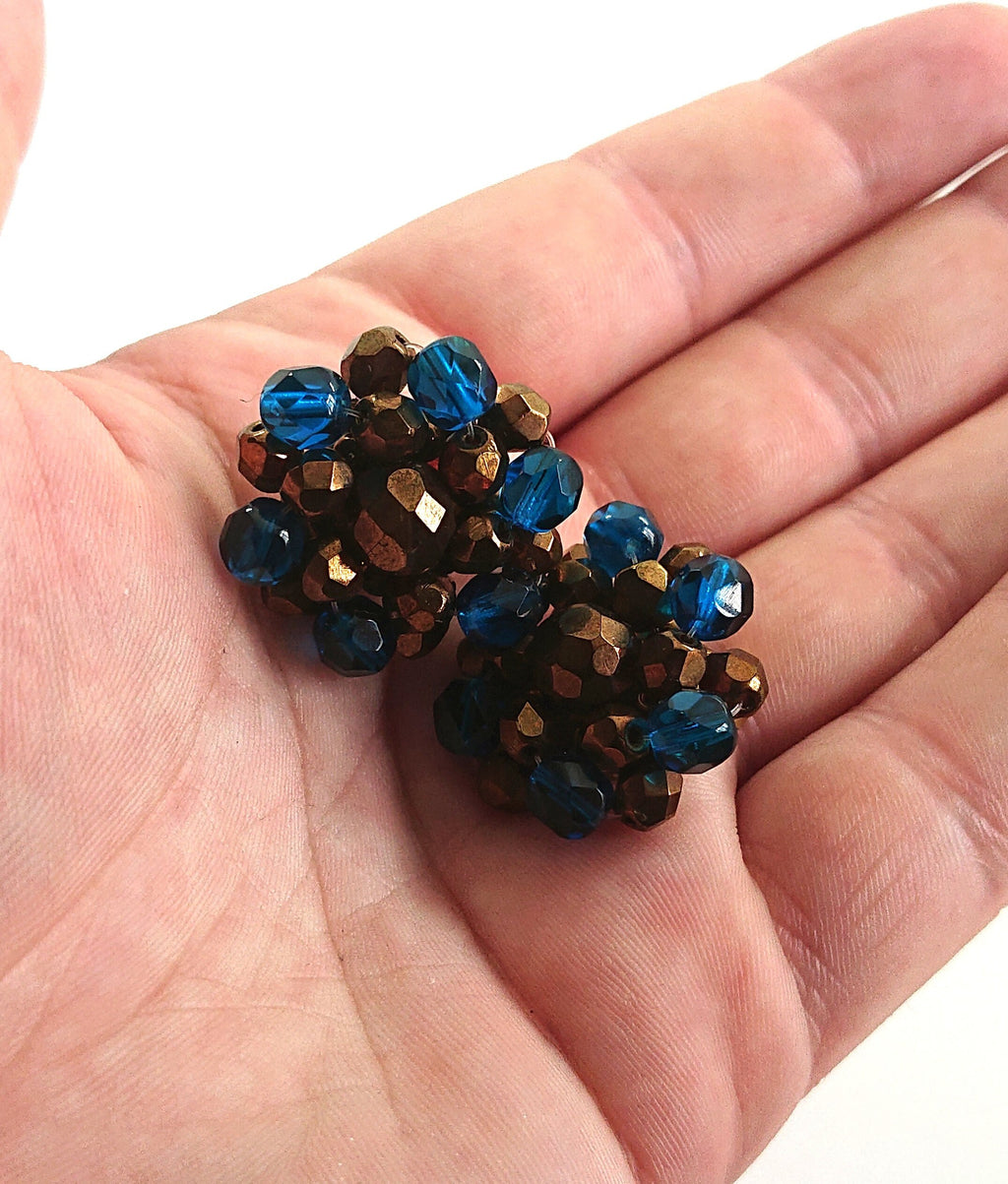 Vintage Cluster Clip On Earrings Glass Rhinestone Costume Jewellery Jewelry Blue and Brown