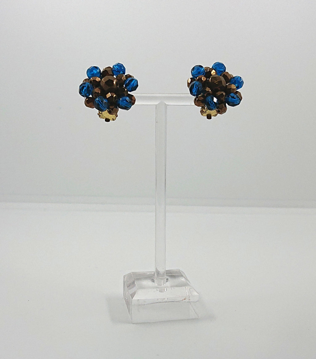 Vintage Cluster Clip On Earrings Glass Rhinestone Costume Jewellery Jewelry Blue and Brown
