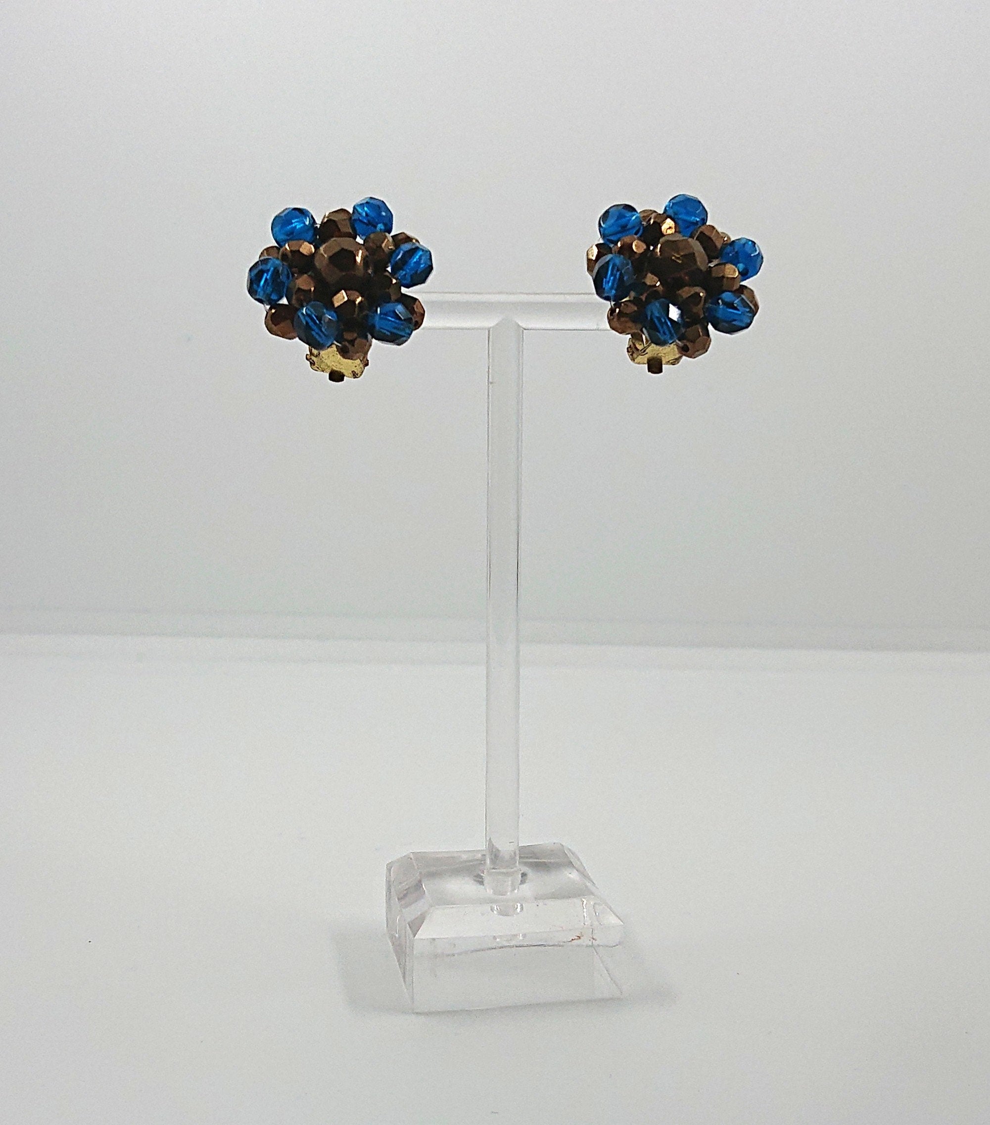 Vintage Cluster Clip On Earrings Glass Rhinestone Costume Jewellery Jewelry Blue and Brown