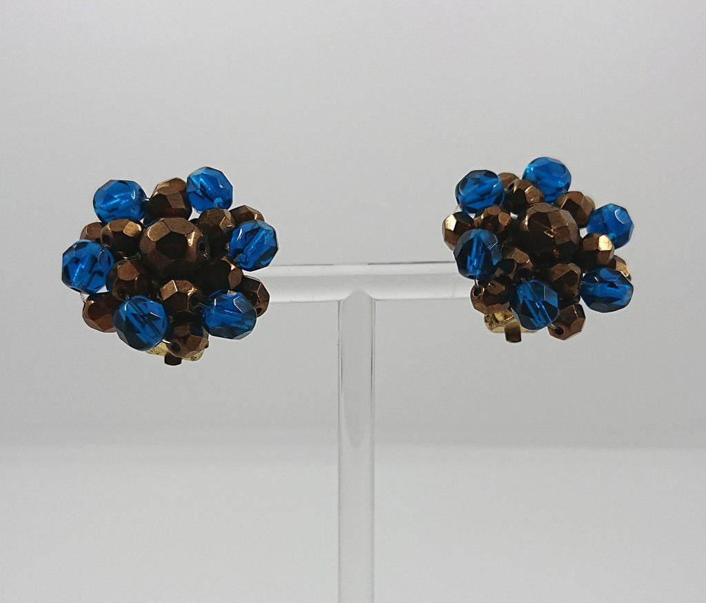 Vintage Cluster Clip On Earrings Glass Rhinestone Costume Jewellery Jewelry Blue and Brown
