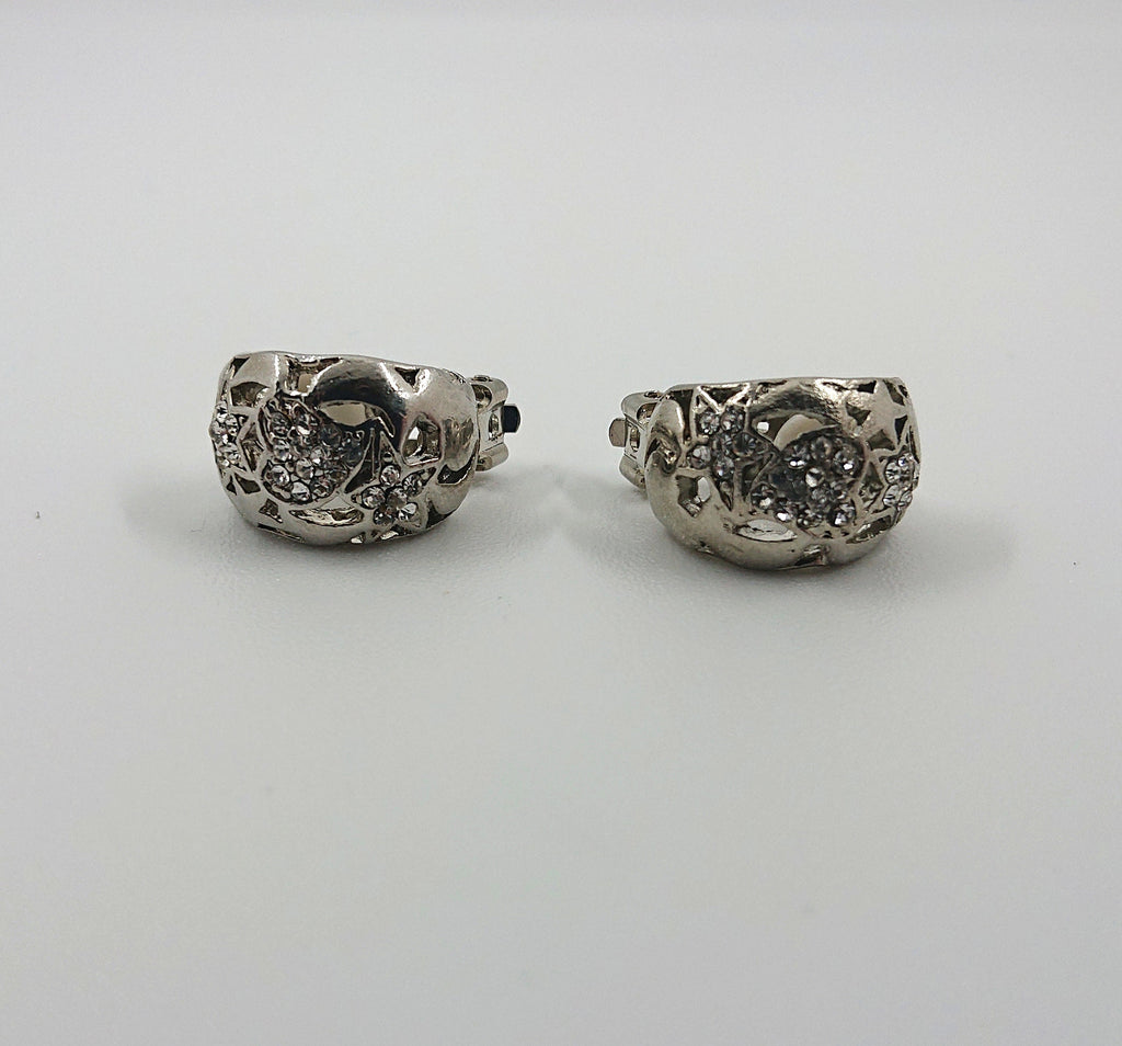Vintage Silver Clip On Earrings Diamond Rhinestone Costume Jewellery Jewelry Diamante