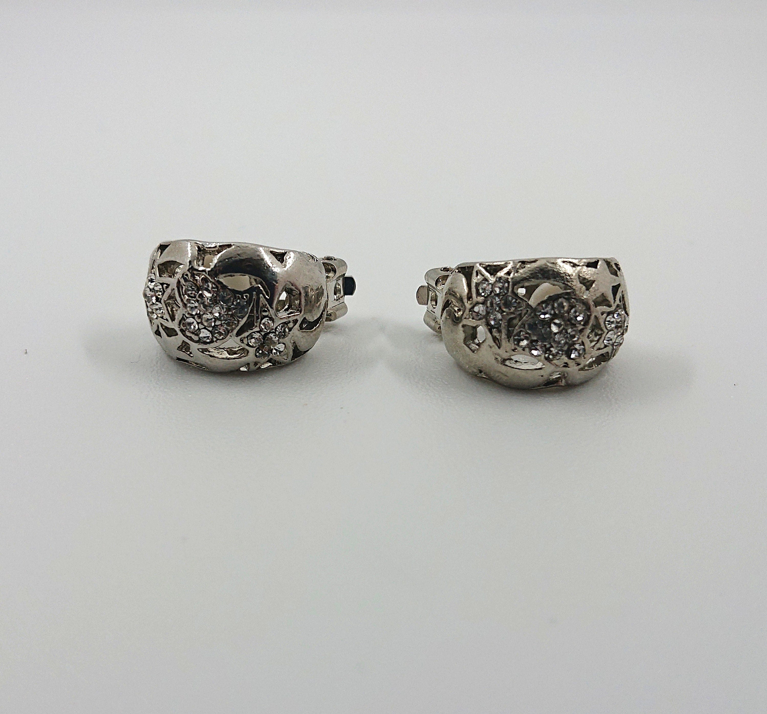 Vintage Silver Clip On Earrings Diamond Rhinestone Costume Jewellery Jewelry Diamante