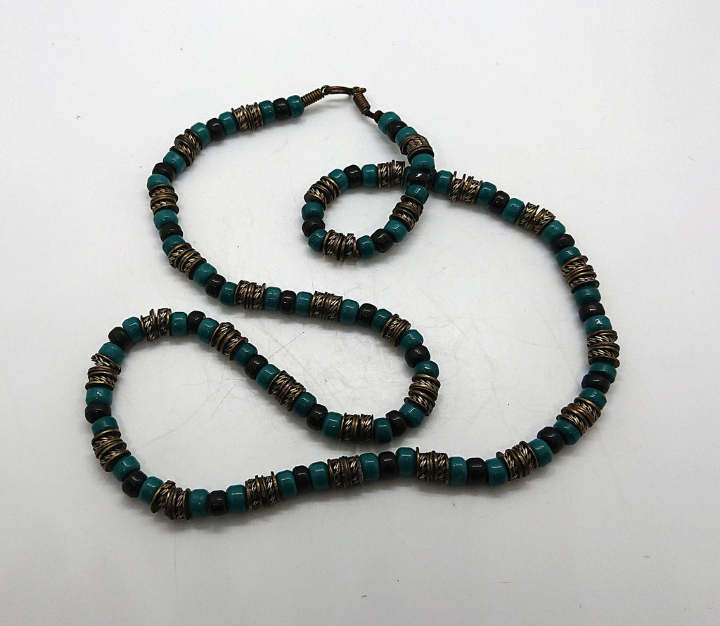 Vintage Long Necklace Ceramic Metal Tourqouise Beaded Chunky Costume Jewellery Tribal Boho Style