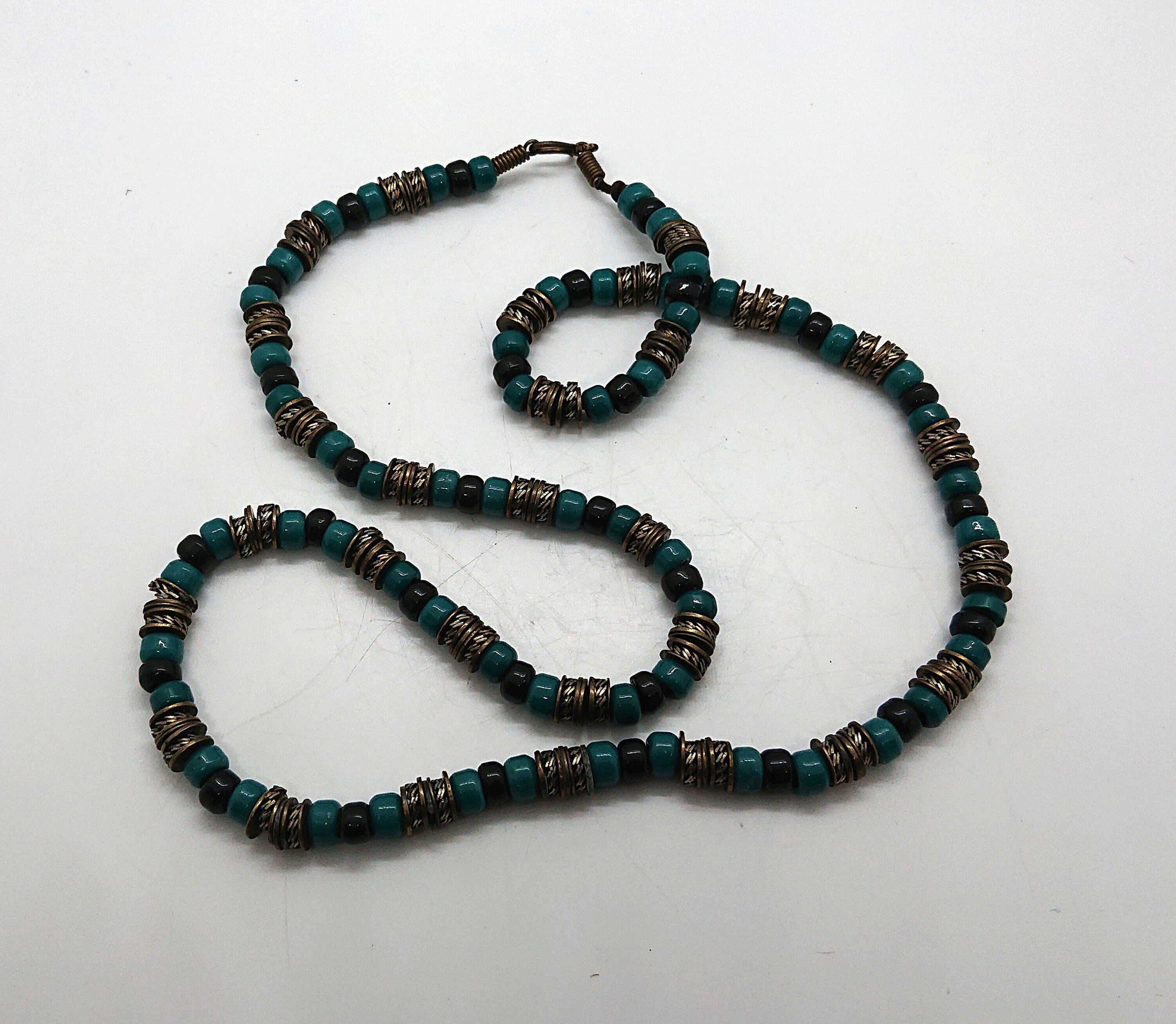 Vintage Long Necklace Ceramic Metal Tourqouise Beaded Chunky Costume Jewellery Tribal Boho Style