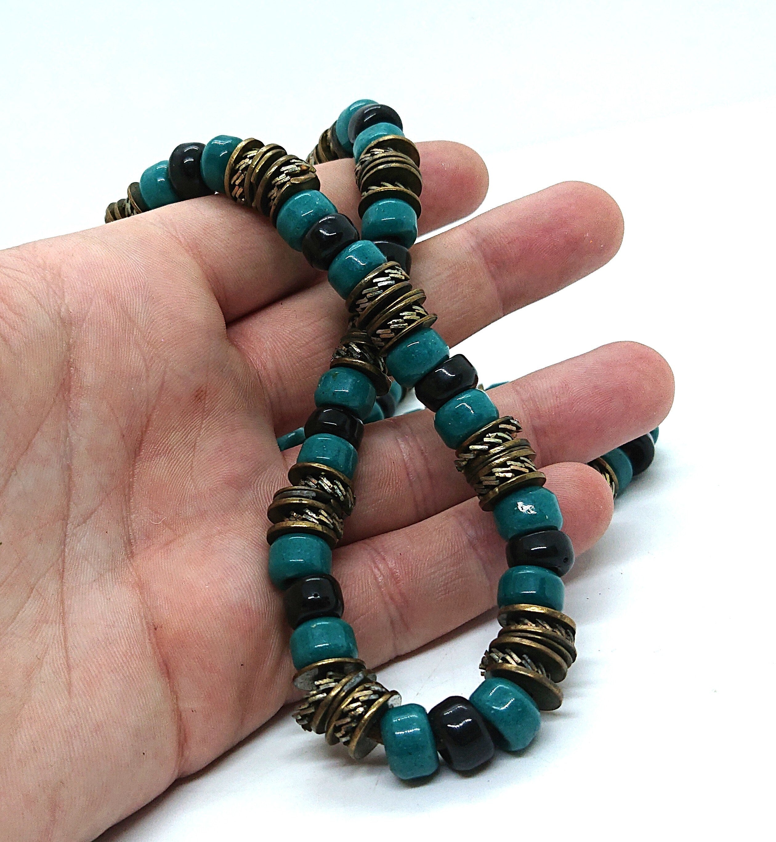 Vintage Long Necklace Ceramic Metal Tourqouise Beaded Chunky Costume Jewellery Tribal Boho Style