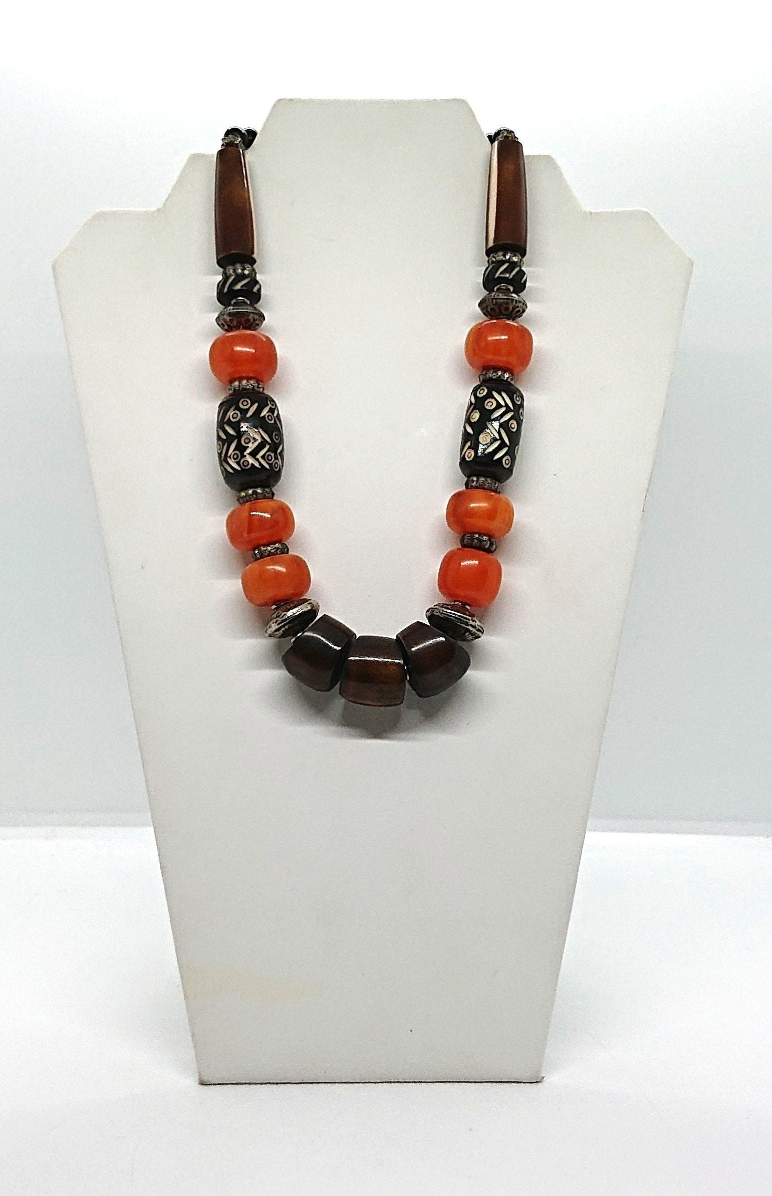 Vintage Lucite Necklace Chunky Beaded Mid Century Wooden Tribal Boho Hippie Costume Jewellery Jewelry