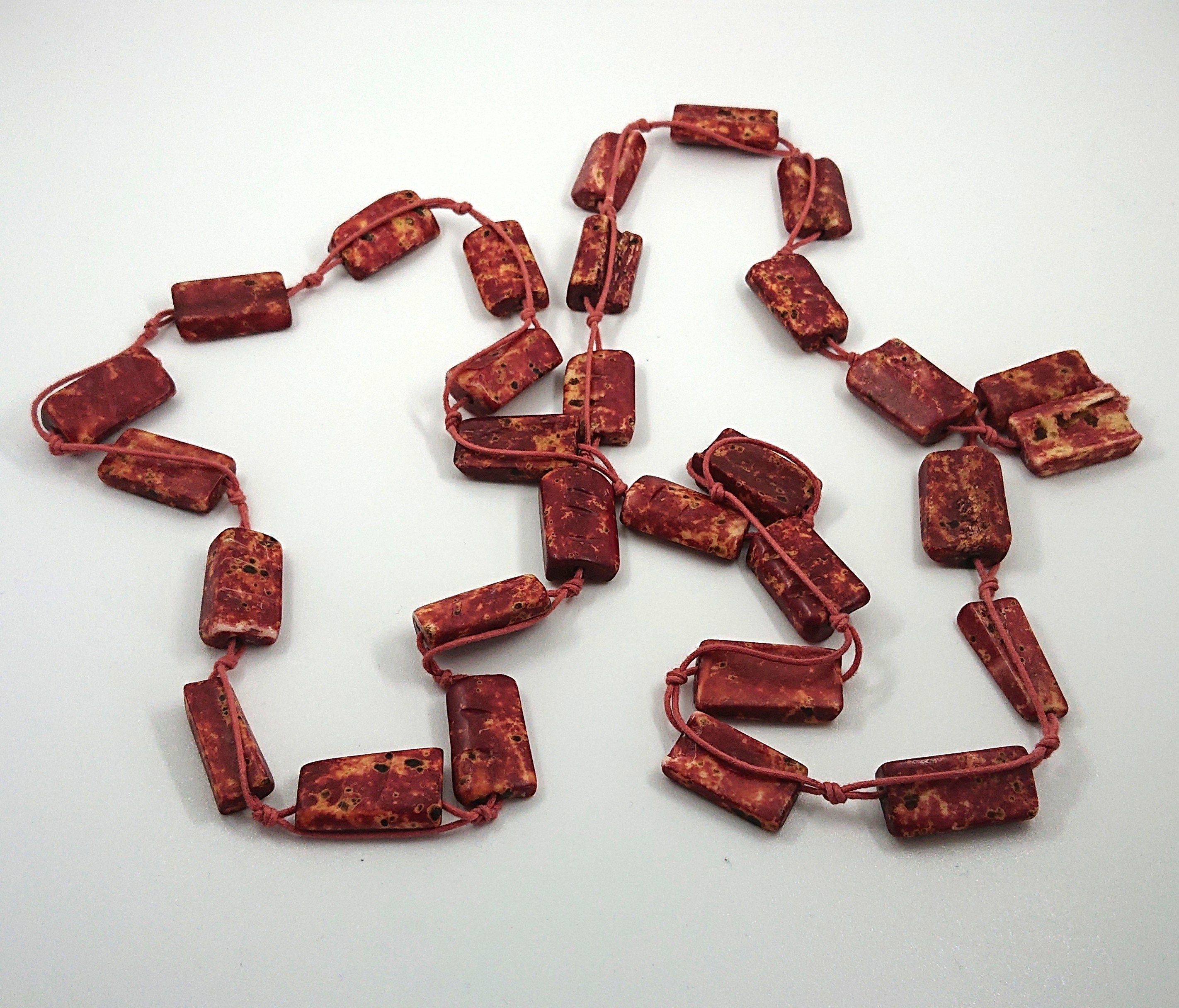 Vintage Necklace Long Chunky Red/Orange Speckled Bone Beaded Costume Jewellery Jewelry
