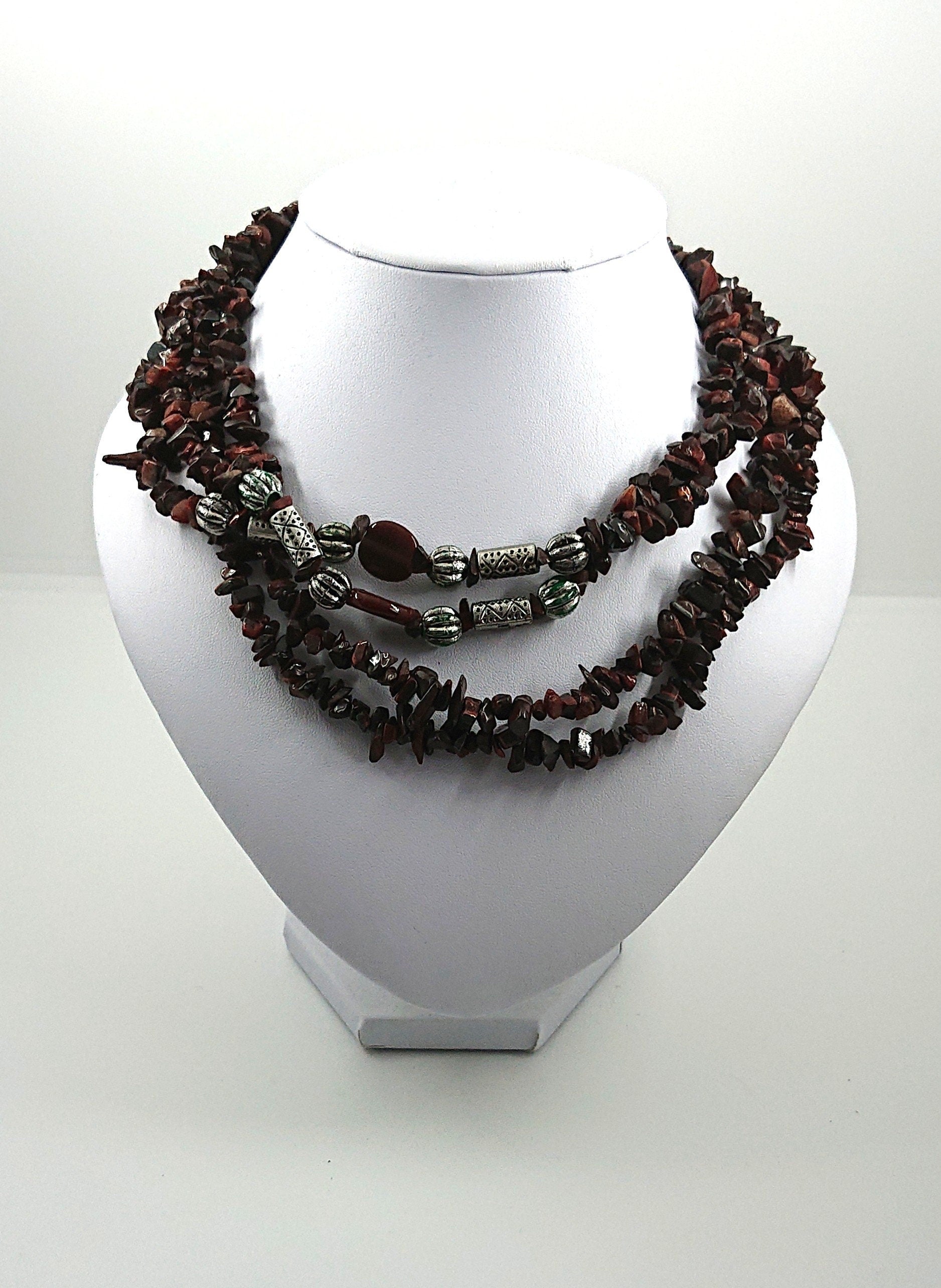 Vintage Long Necklace Brown Shell Beaded Double Loop Necklace Costume Jewellery Jewelry Boho