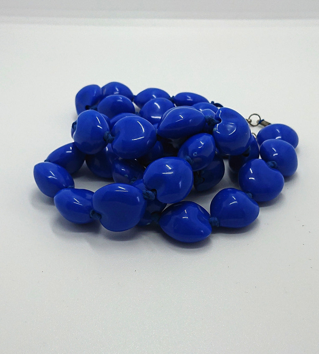 Vintage Necklace Blue Heart Shaped Beaded Necklace Lucite Chunky Long Costume Jewellery Jewelry