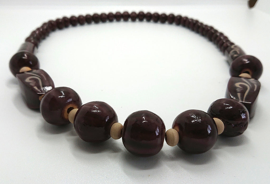 Vintage Necklace Wooden Chunky Beaded Brown Necklace Costume Jewellery Jewelry Hand Painted Boho Hippie