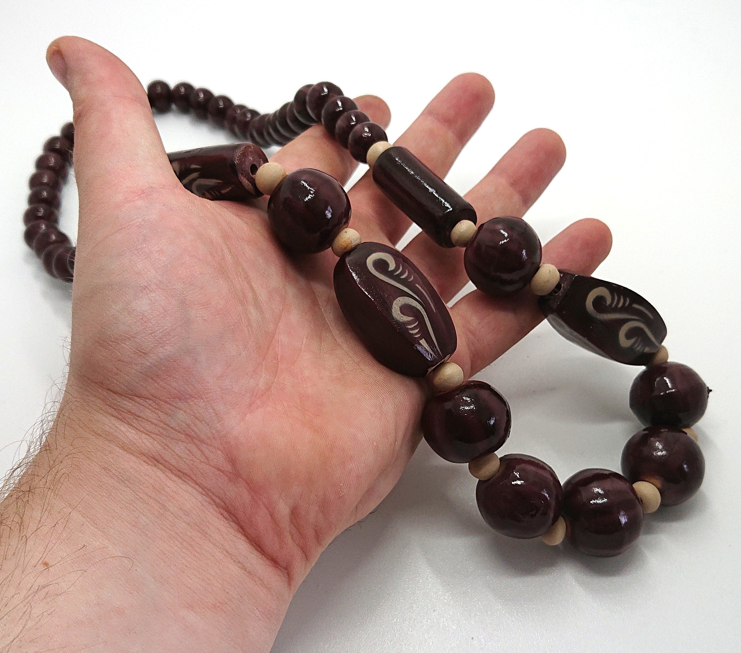 Vintage Necklace Wooden Chunky Beaded Brown Necklace Costume Jewellery Jewelry Hand Painted Boho Hippie