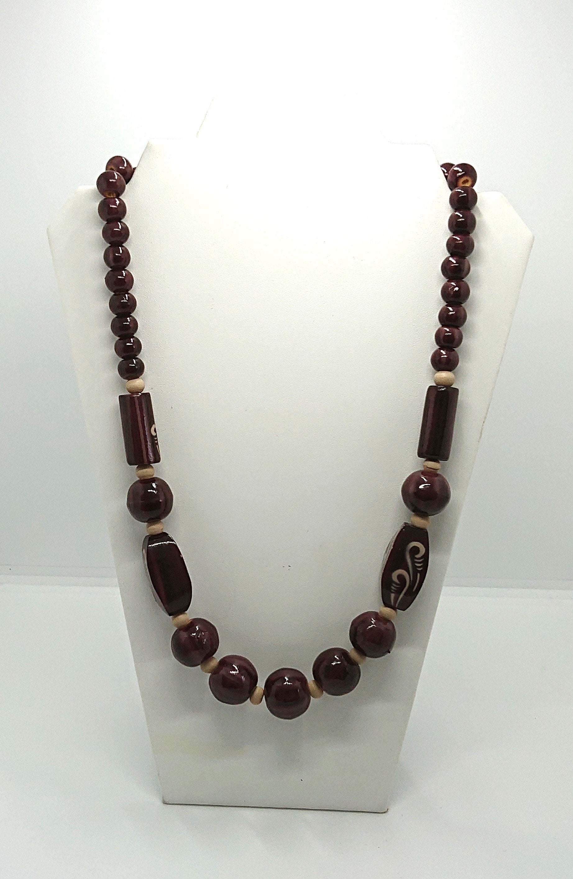 Vintage Necklace Wooden Chunky Beaded Brown Necklace Costume Jewellery Jewelry Hand Painted Boho Hippie