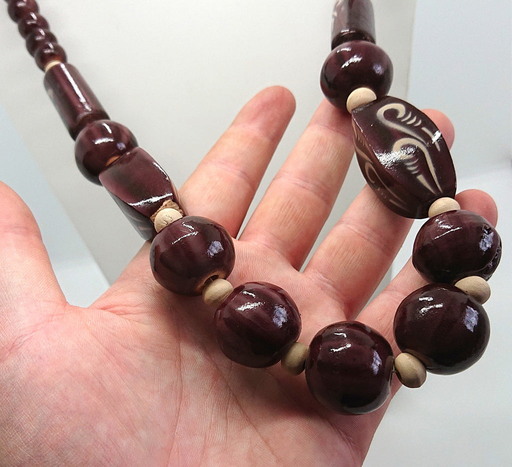 Vintage Necklace Wooden Chunky Beaded Brown Necklace Costume Jewellery Jewelry Hand Painted Boho Hippie