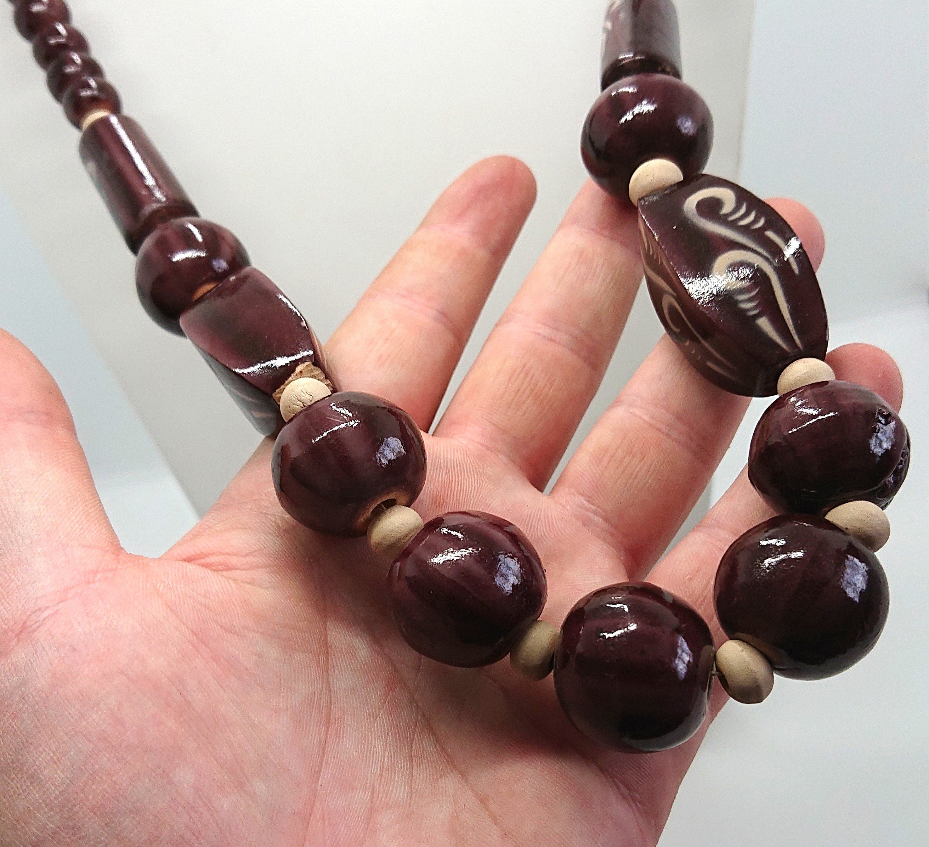 Vintage Necklace Wooden Chunky Beaded Brown Necklace Costume Jewellery Jewelry Hand Painted Boho Hippie