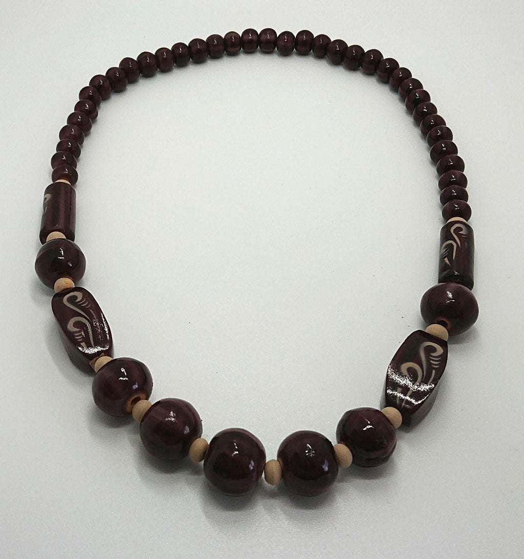 Vintage Necklace Wooden Chunky Beaded Brown Necklace Costume Jewellery Jewelry Hand Painted Boho Hippie