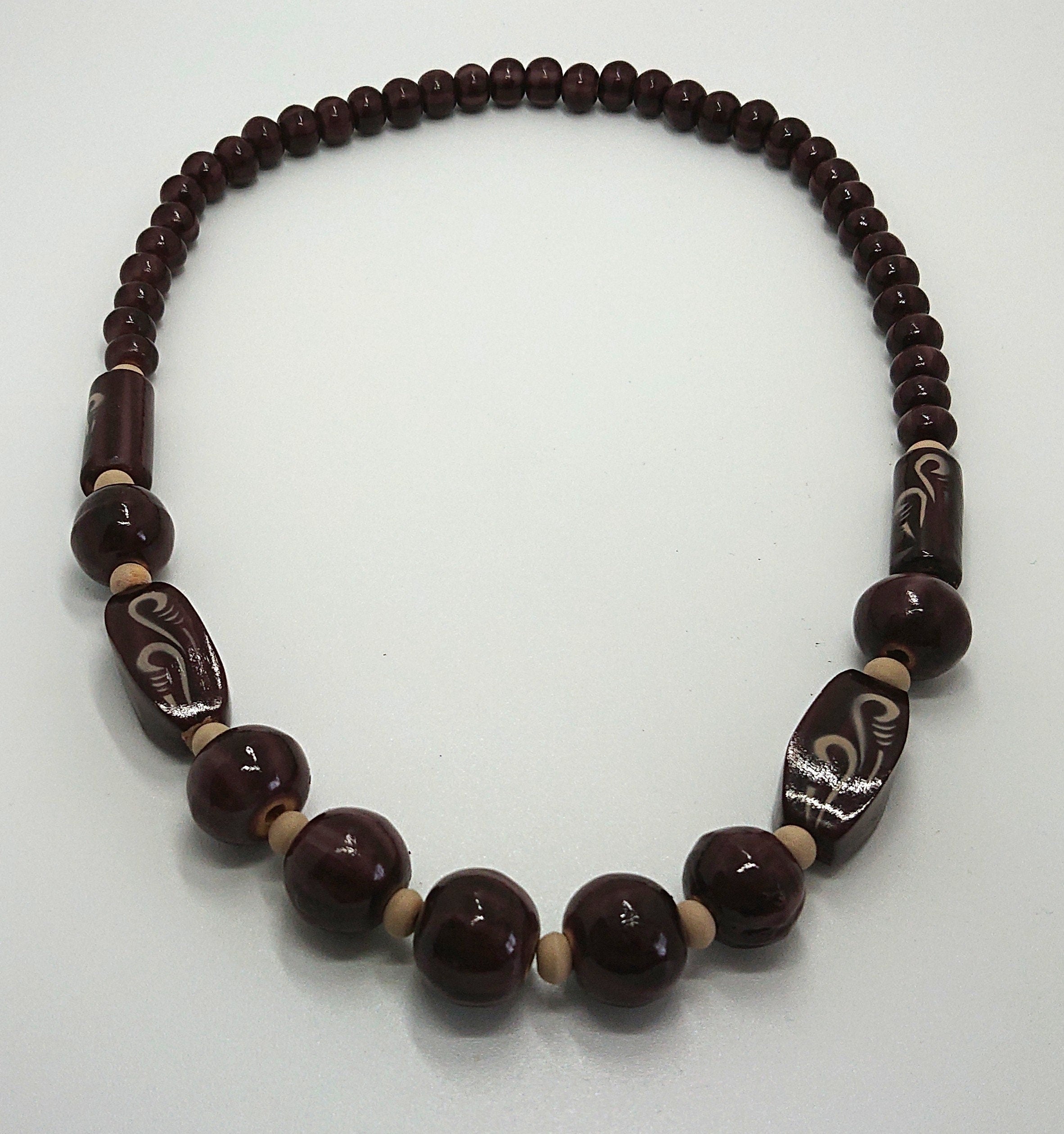 Vintage Necklace Wooden Chunky Beaded Brown Necklace Costume Jewellery Jewelry Hand Painted Boho Hippie