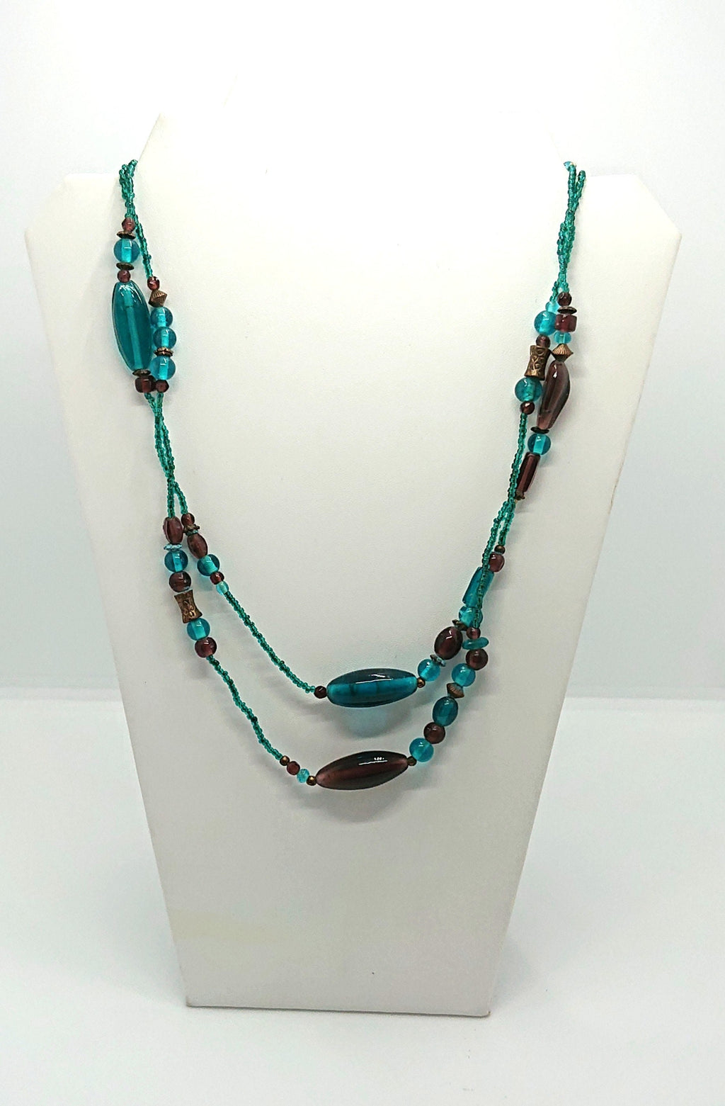 Vintage Blue Glass Beaded Necklace, Long Costume Jewelry