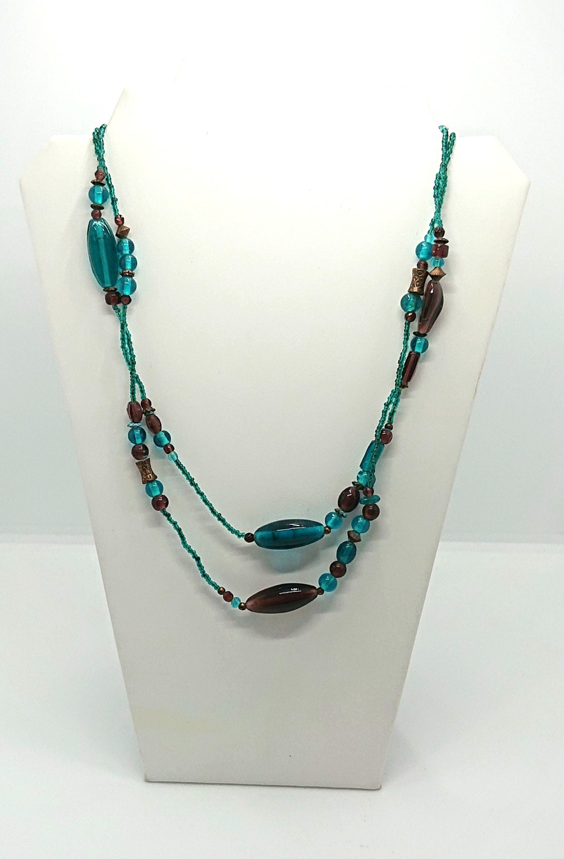 Vintage Blue Glass Beaded Necklace, Long Costume Jewelry