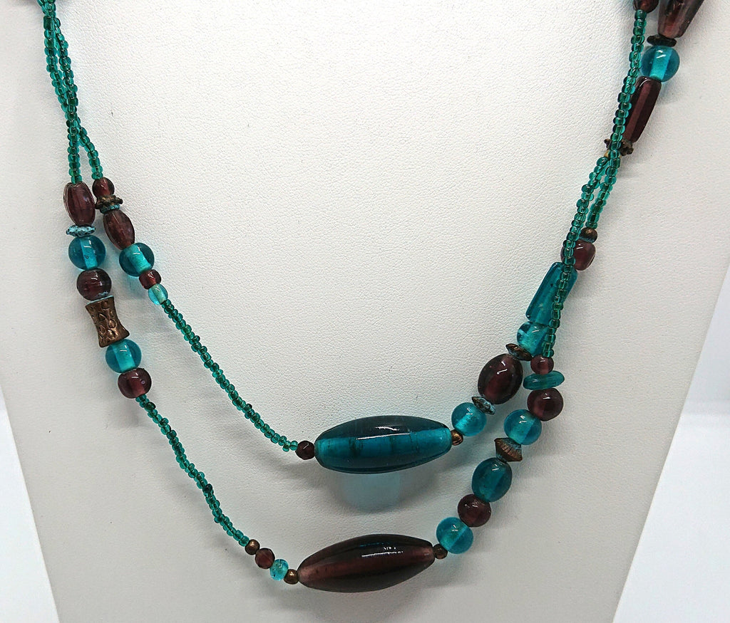 Vintage Blue Glass Beaded Necklace, Long Costume Jewelry