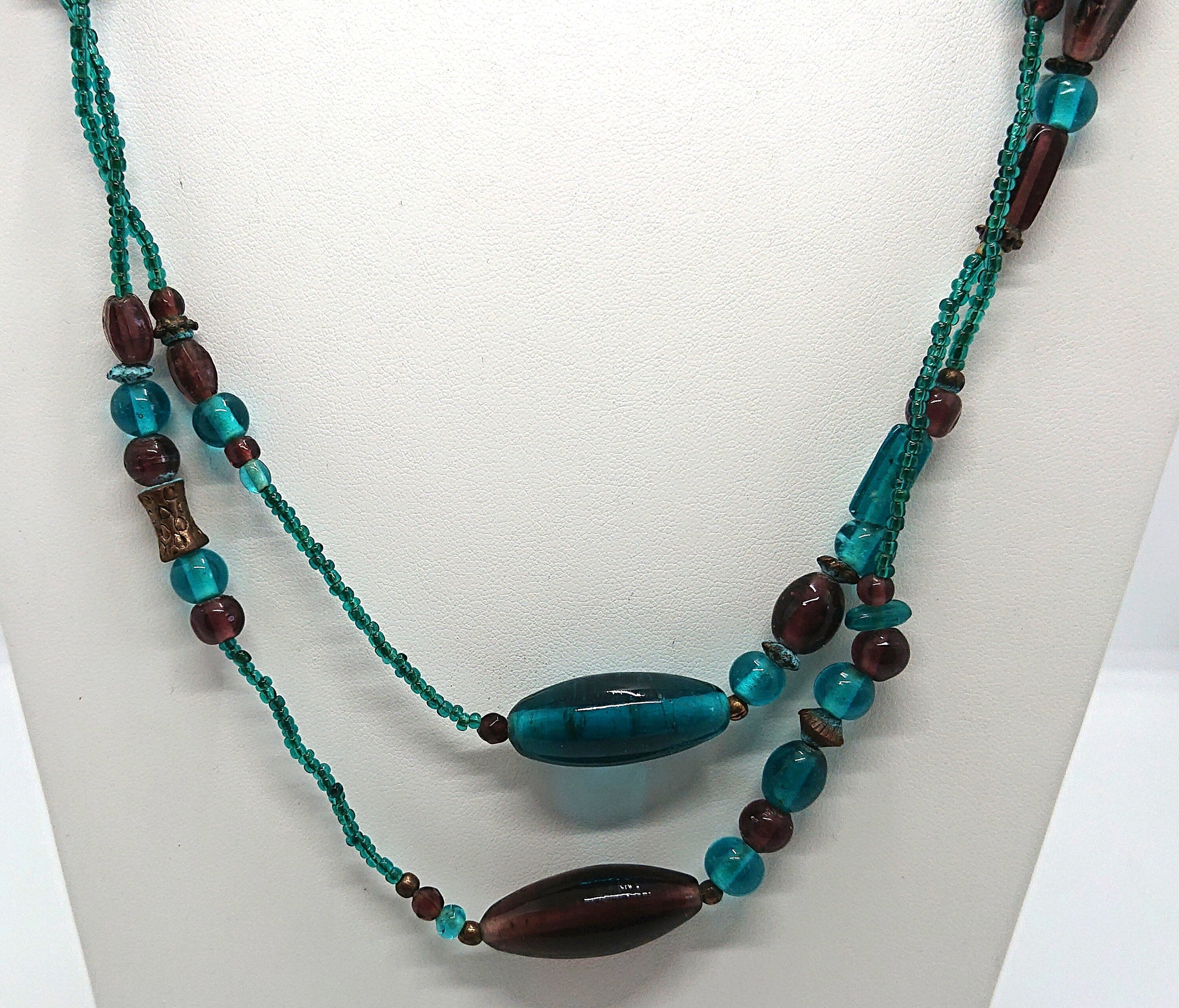 Vintage Blue Glass Beaded Necklace, Long Costume Jewelry