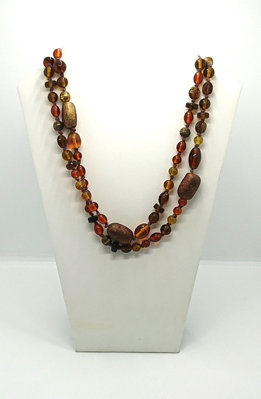 Vintage Necklace Glass, Wood Amber Beaded Brown, Gold Necklace Long Chunky Costume Jewellery Jewelry