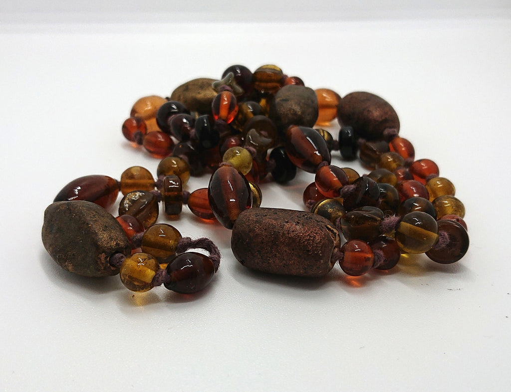 Vintage Necklace Glass, Wood Amber Beaded Brown, Gold Necklace Long Chunky Costume Jewellery Jewelry