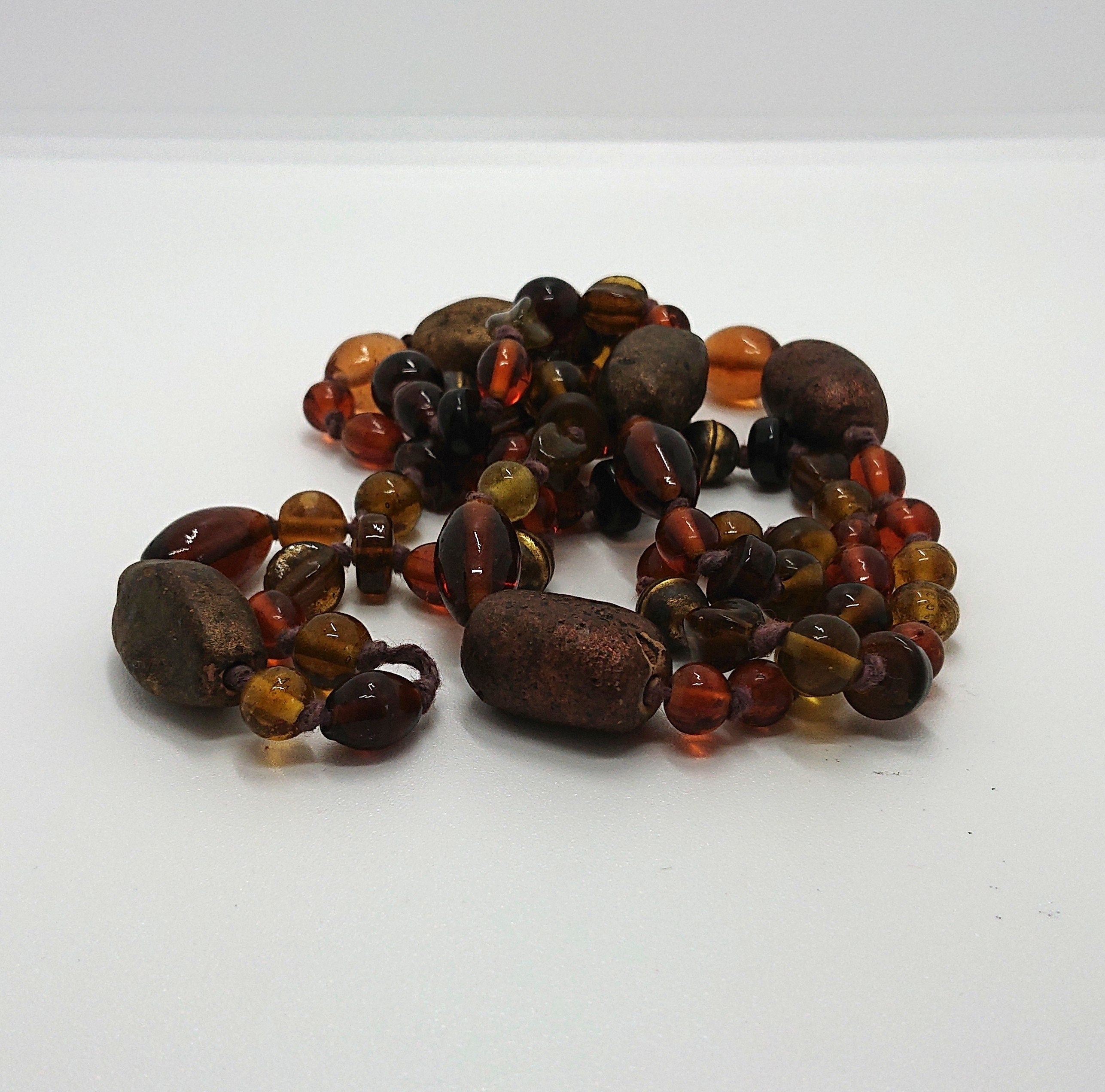 Vintage Necklace Glass, Wood Amber Beaded Brown, Gold Necklace Long Chunky Costume Jewellery Jewelry