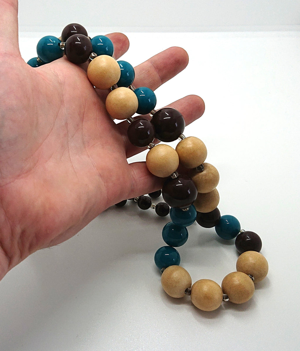 Vintage Wooden Beaded Necklace Cream, Blue and Brown Chunky Long Beaded Costume Jewellery Jewelry