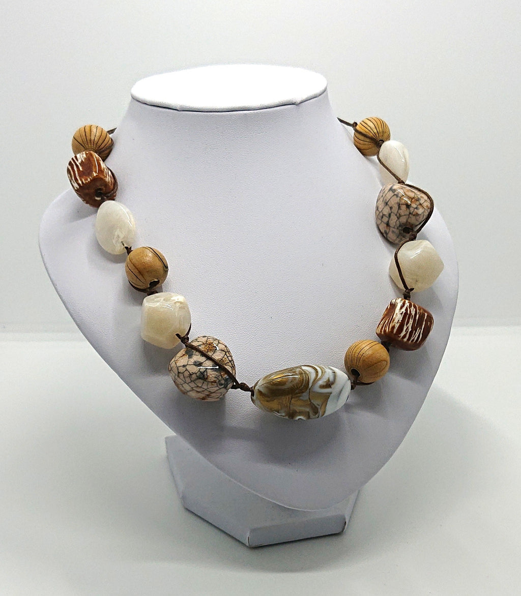 Vintage Lucite Beaded Necklace Gold, White Brown Chunky Beaded Costume Jewellery Jewelry