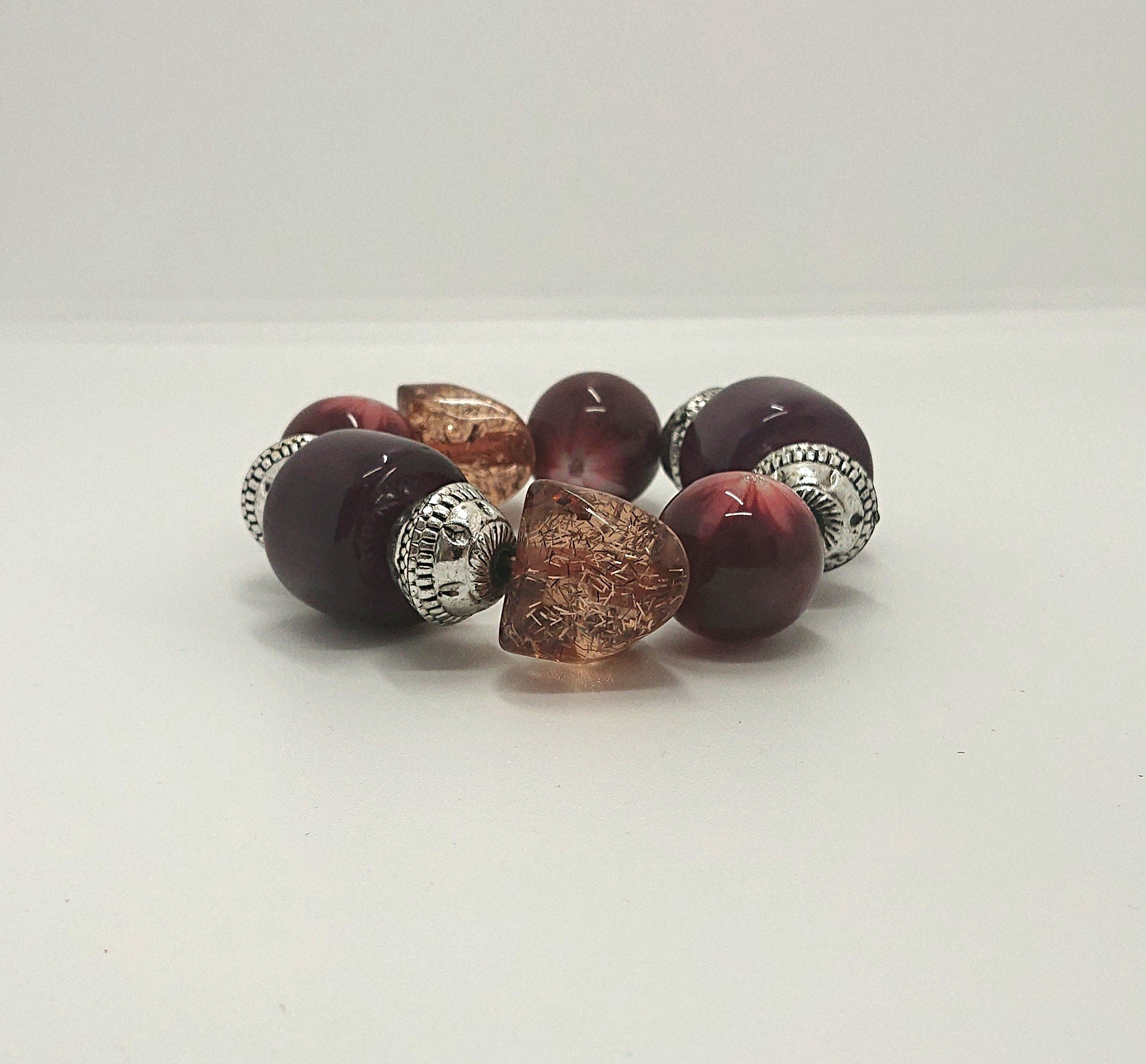 Vintage Lucite Bangle/Bracelet Chunk Beaded Bangle Purple, Red Peach Glitter Costume Jewellery Jewelry
