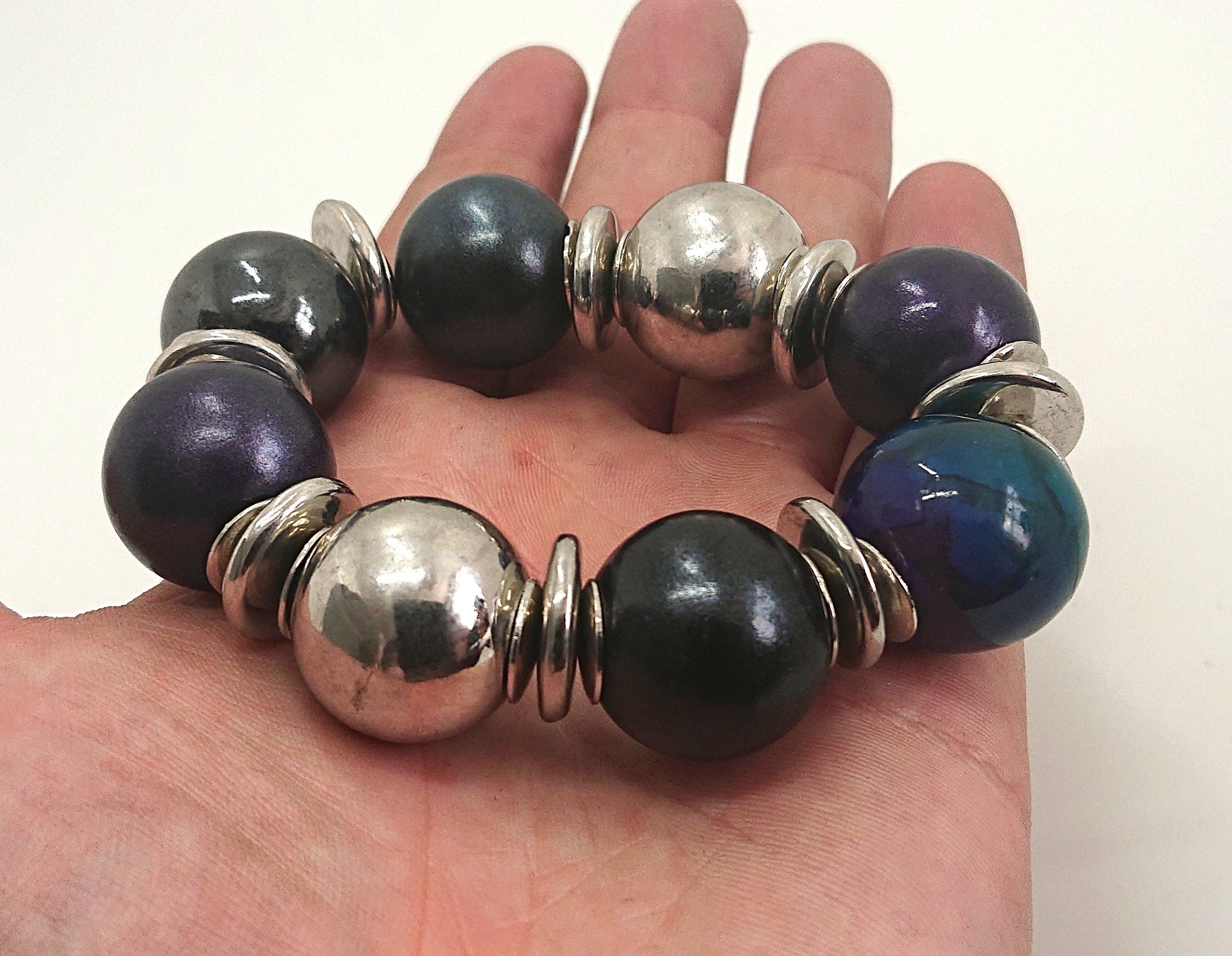 Vintage Chunky Beaded Bangle/Bracelet Blue, Silver Purple Round Beads Costume Jewellery Jewelry