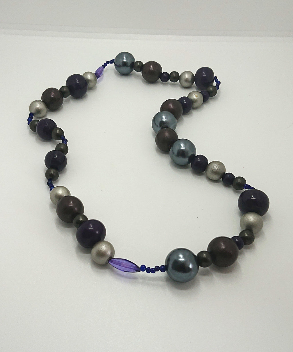 Vintage Chunky Round Beaded Necklace Blue, Silver Lucite, Wooden Modern Style Costume Jewellery Jewelry