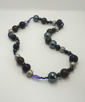 Vintage Chunky Round Beaded Necklace Blue, Silver Lucite, Wooden Modern Style Costume Jewellery Jewelry