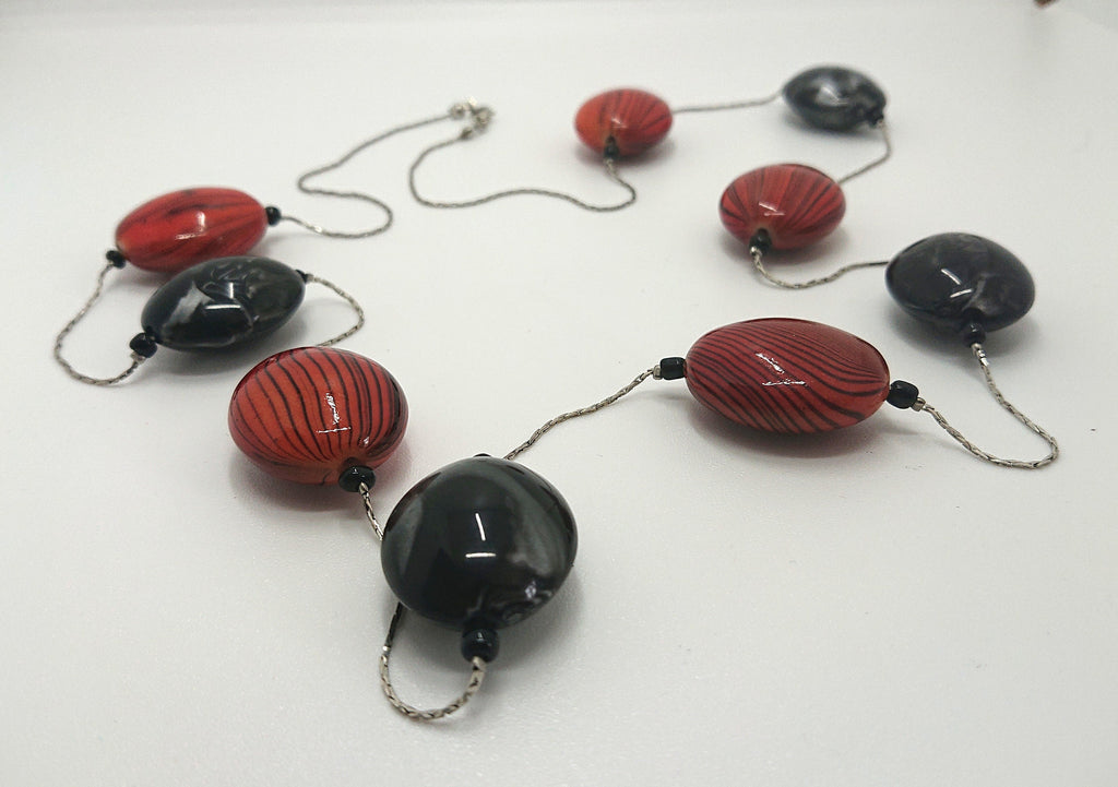 Vintage Lucite Beaded Necklace Long Chunky Marbled Costume Jewellery Jewelry