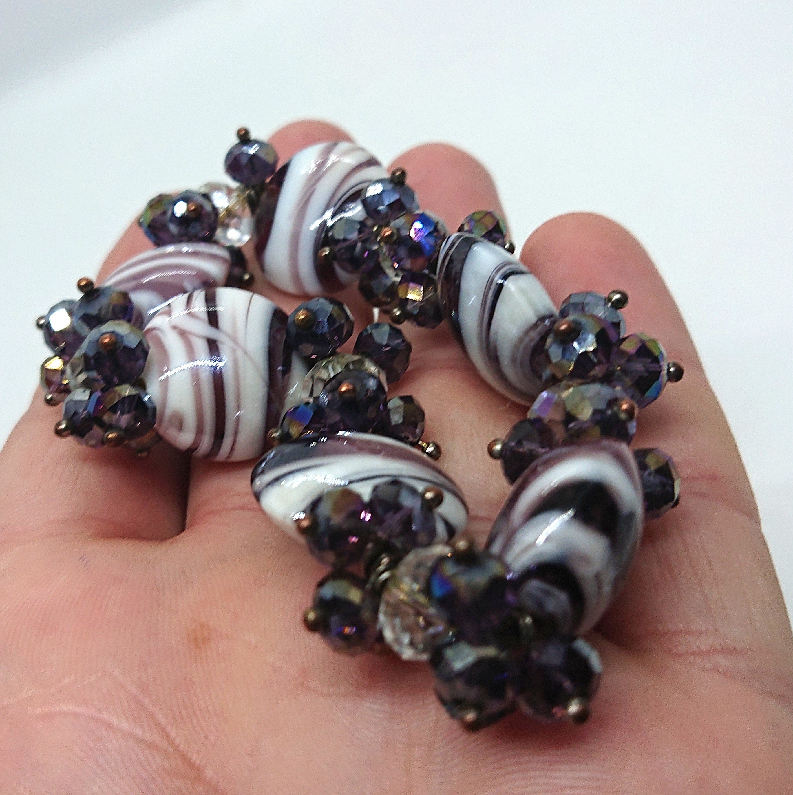Vintage Glass Beaded Bracelet Bangle Purple Aurora Borealis AB Rhinestone Costume Jewellery Jewelry