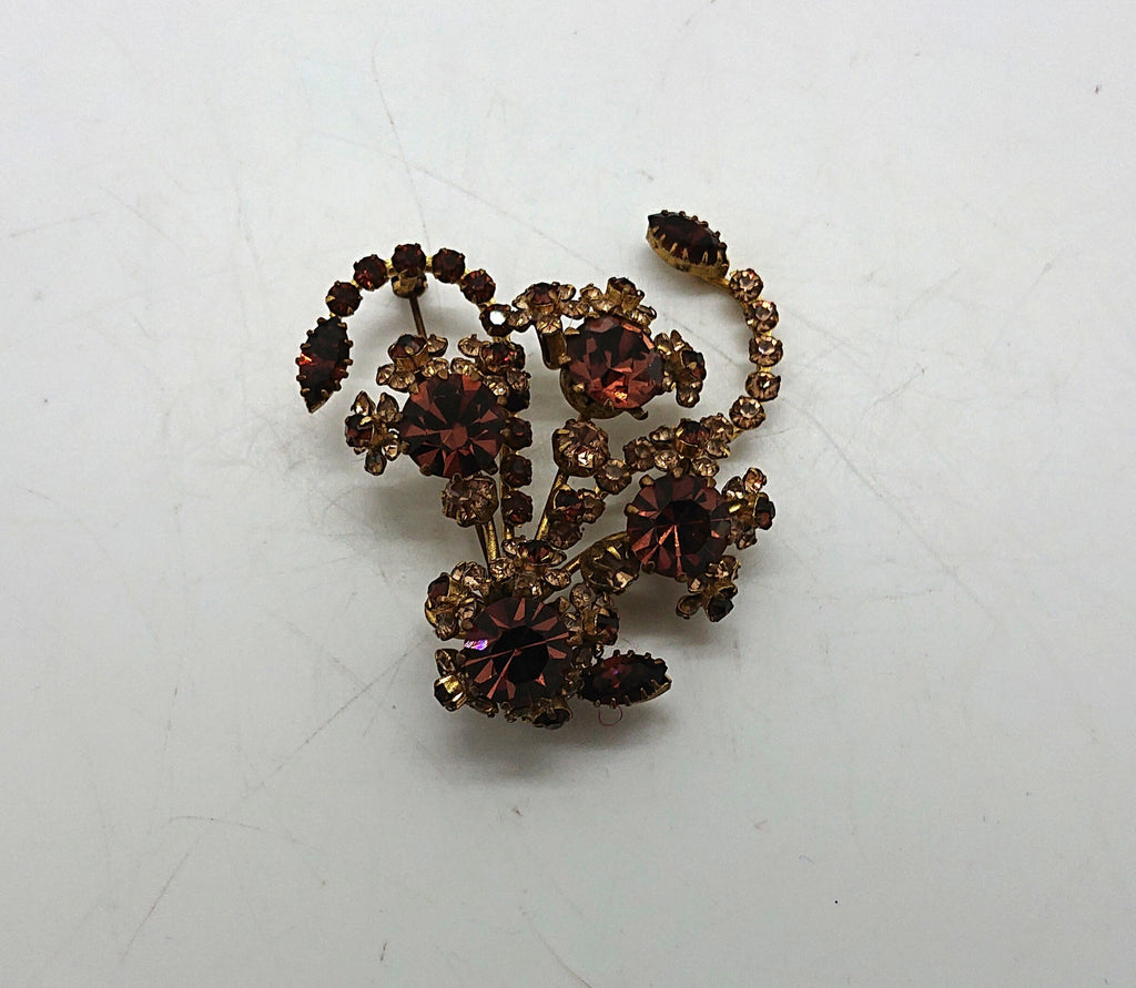 Vintage Floral Rhinestone Brooch, Gold Tone Costume Jewelry