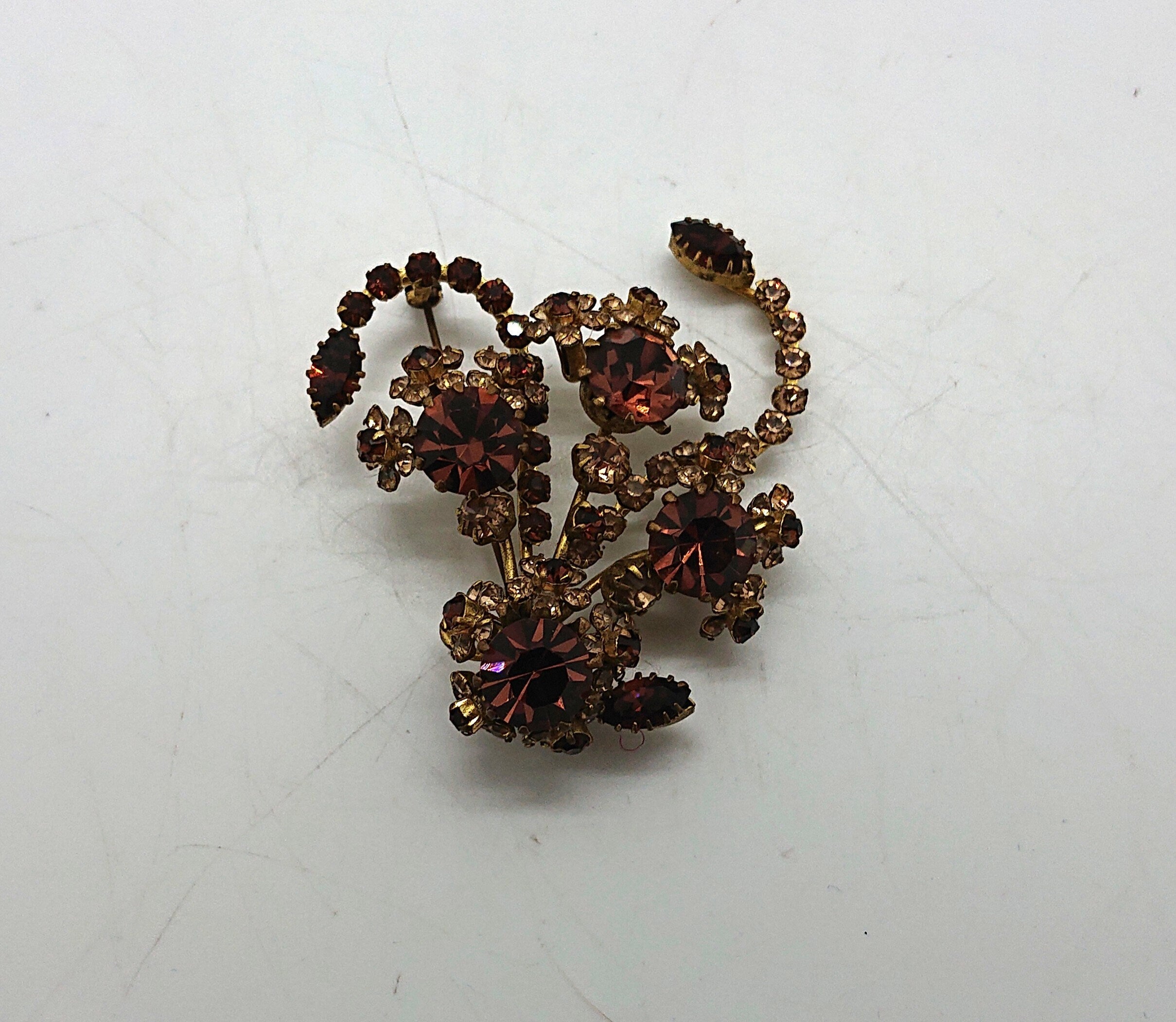 Vintage Floral Rhinestone Brooch, Gold Tone Costume Jewelry