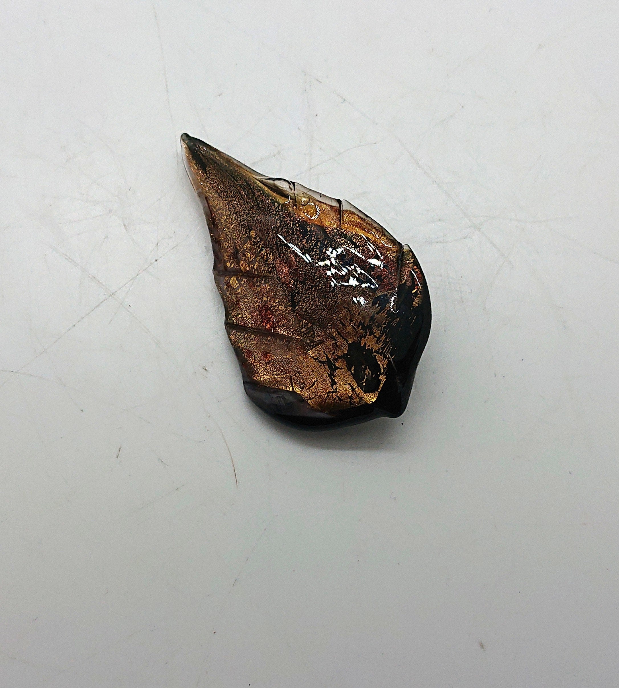 Vintage Murano Style Glass Leaf Brooch Brown Glitter Pin Costume Jewellery Jewelry Autumn Fall