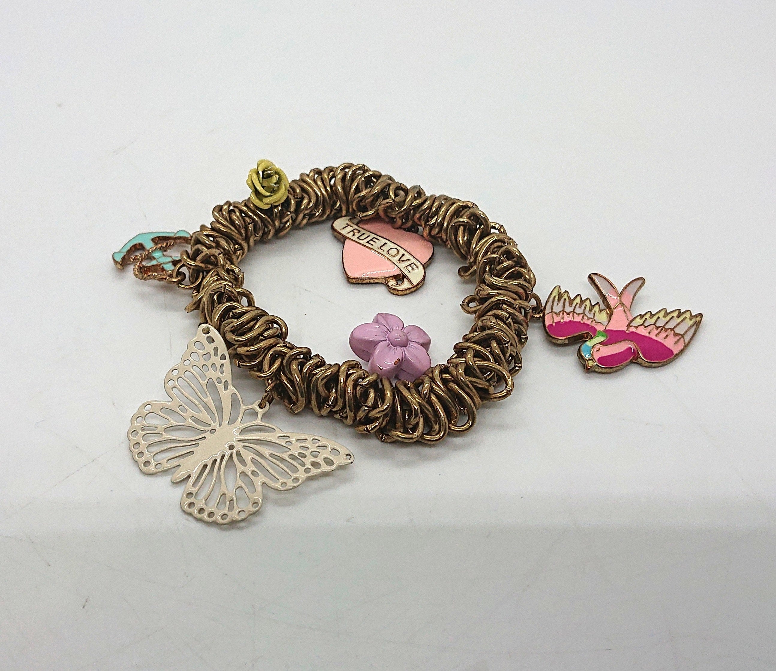Vintage Gold Tone Charm Bracelet, Boho Butterfly, Heart, Anchor