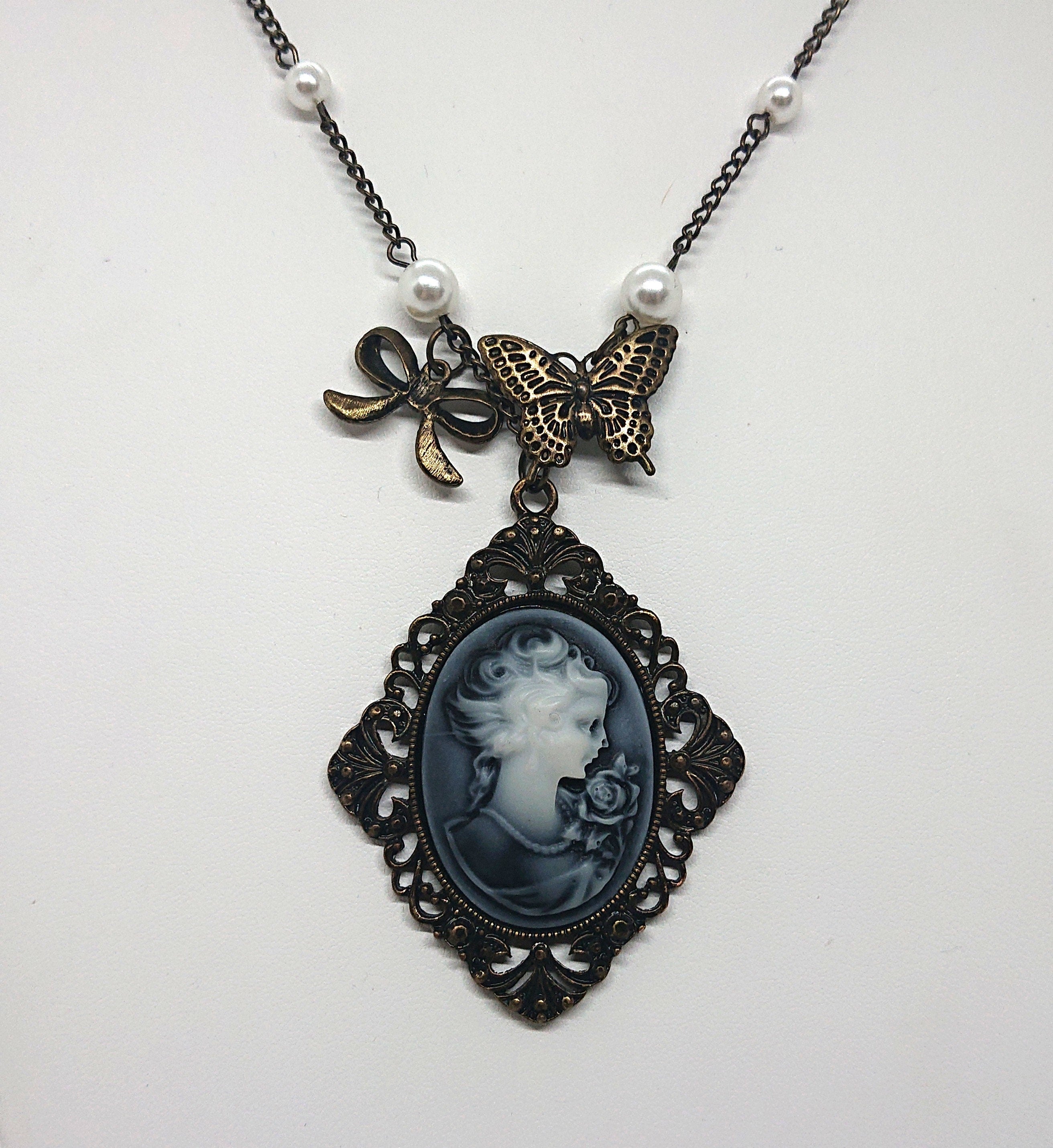 Vintage Pendant Necklace Bronze Butterfly Cameo Faux Pearl Necklace Shabby Chic Art Nouveau Style